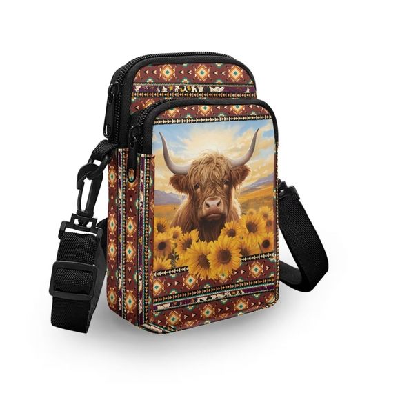 Boho Sunflower Cow Cell Phone Purse Wallet Canvas Small Crossbody Purse Bags c: - Picture 3 of 7